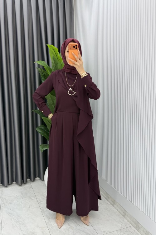 Mürdüm Nazlı Takım Premium Seri Borş Detaylı Tesettür Giyim Mürdüm