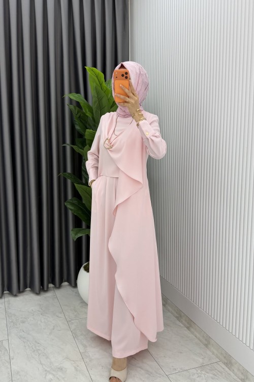 Pembe Nazlı Takım Premium Seri Borş Detaylı Tesettür Giyim Pembe