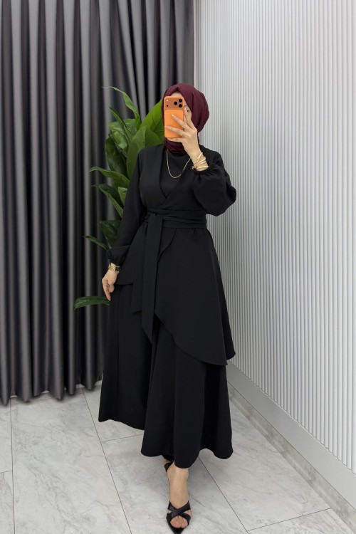 Siyah Manolya Bol Pantolonlu Tesettür Takım Kemerli Double Krep Kumaş Siyah