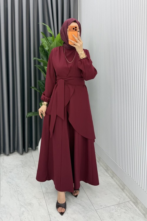 Bordo Manolya Bol Pantolonlu Tesettür Takım Kemerli Double Krep Kumaş Bordo