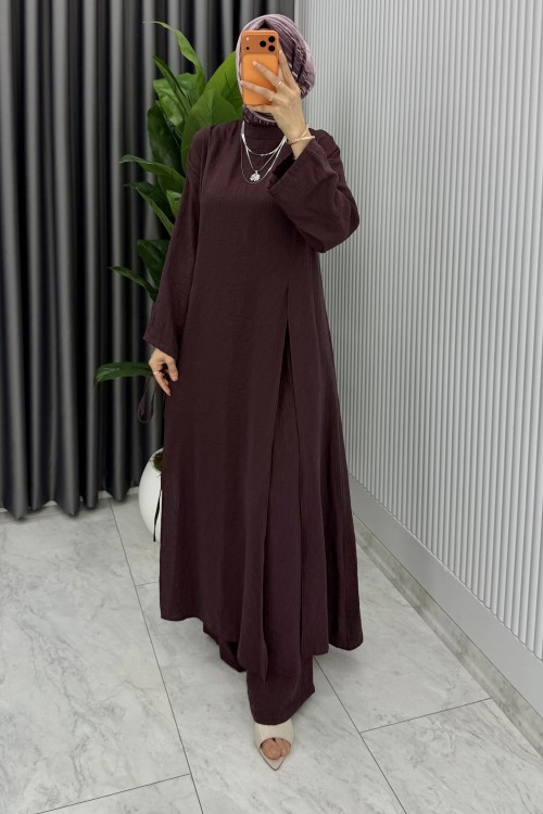 Mürdüm Cansu Müslin Kumaş Tesettür Takım  Mürdüm
