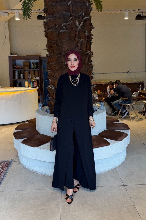 Siyah Sude Medine İpeği Krep Kumaş Pantolonlu Tesettür Giyim  Siyah