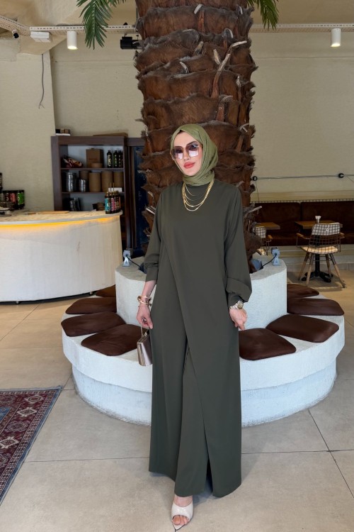 Haki Sude Medine İpeği Krep Kumaş Pantolonlu Tesettür Giyim  Haki