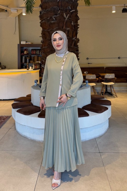 Haki Meltem Piliseli Etekli Ceketli Double Krep Kumaş Tesettür Giyim Haki