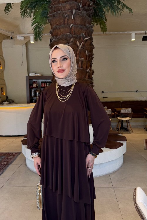 Kahverengi Hürrem Sendi Kumaş Tam Boy Tesettür Elbise  Kahverengi