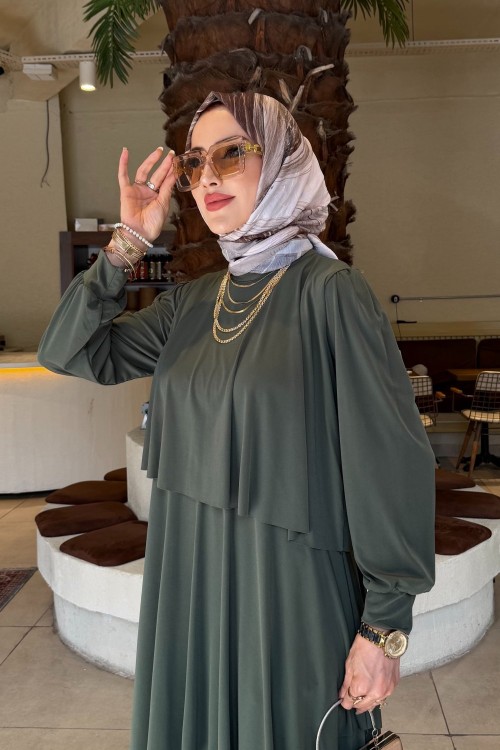 Haki Hürrem Sendi Kumaş Tam Boy Tesettür Elbise  Haki