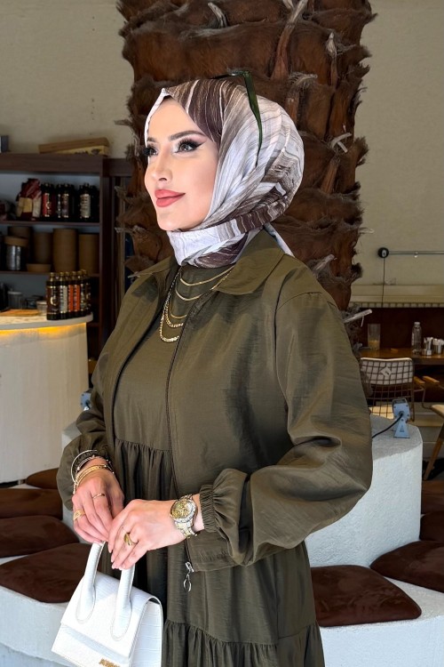 Aybeniz Haki Jile Elbise Takım Modal Kumaş Tesettür Giyim İki Parça Haki