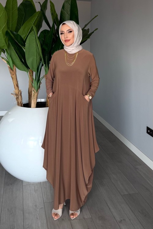 Camel Eslem Elbise Soğuk Sendi Kumaş Cepli Tam Boy Tesettür Giyim Camel