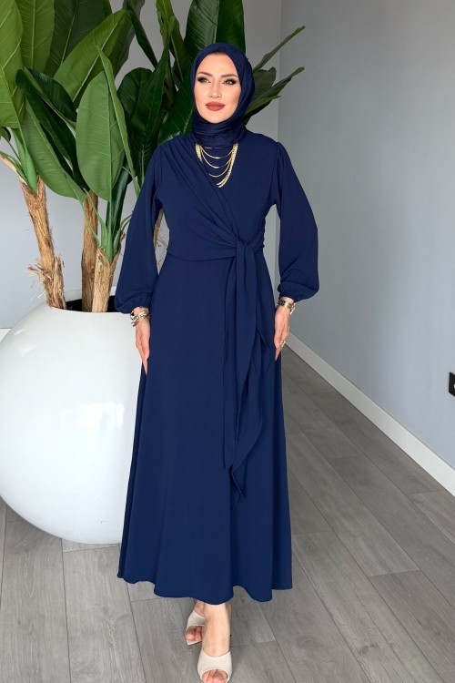 Lacivert Helin Elbise Sabit Uzun Kuşaklı Ayrobin Kumaş Tesettür Giyim Lacivert