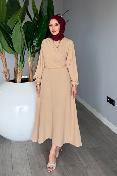 Açık Vizon Helin Elbise Sabit Uzun Kuşaklı Ayrobin Kumaş Tesettür Giyim Vizon