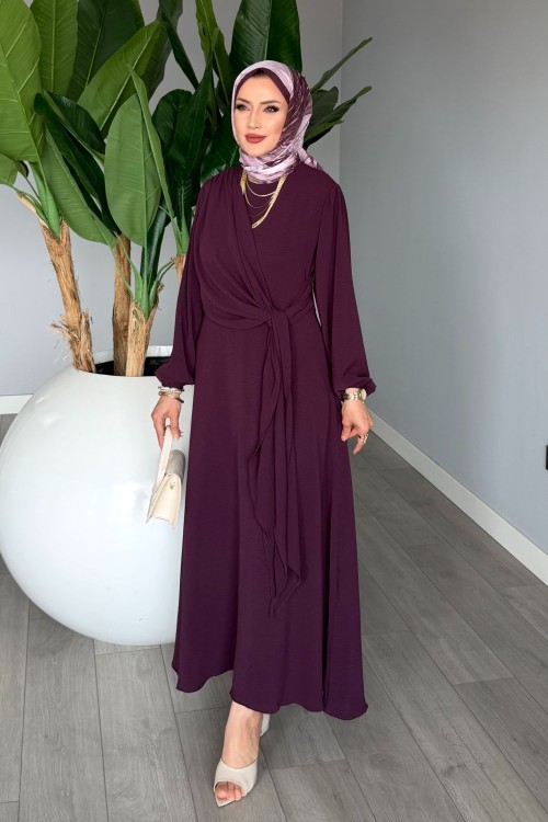 Mürdüm Helin Elbise Sabit Uzun Kuşaklı Ayrobin Kumaş Tesettür Giyim Mürdüm