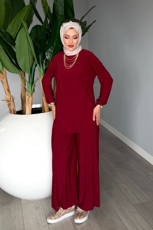 Bordo Cemre Piliseli Pantolonlu Takım Esnek Sendi Kumaş Tesettür Giyim Bordo