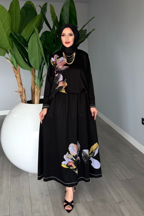 Siyah Premium Derya Etekli Takım Yazlık Oysho Kumaş Tesettür Giyim Siyah