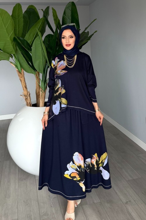 Lacivert Premium Derya Etekli Takım Yazlık Oysho Kumaş Tesettür Giyim Lacivert