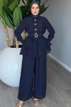Lacivert Astarlı Pamuklu Vual Tensel Kemerli Premium Seri Pantolon Takım Tesettür Giyim   Lacivert