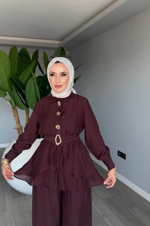 Mürdüm Astarlı Pamuklu Vual Tensel Kemerli Premium Seri Pantolon Takım Tesettür Giyim   Mürdüm