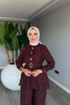 Mürdüm Astarlı Pamuklu Vual Tensel Kemerli Premium Seri Pantolon Takım Tesettür Giyim   Mürdüm
