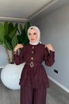 Mürdüm Astarlı Pamuklu Vual Tensel Kemerli Premium Seri Pantolon Takım Tesettür Giyim   Mürdüm