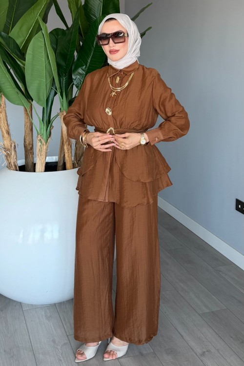 Kahverengi Astarlı Pamuklu Vual Tensel Kemerli Premium Seri Pantolon Takım Tesettür Giyim   Kahverengi