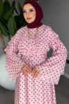 Pembe Puantiyeli Tensel Tül Kumaş Premium Seri Tesettür Giyim Pembe