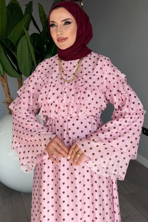 Pembe Puantiyeli Tensel Tül Kumaş Premium Seri Tesettür Giyim Pembe