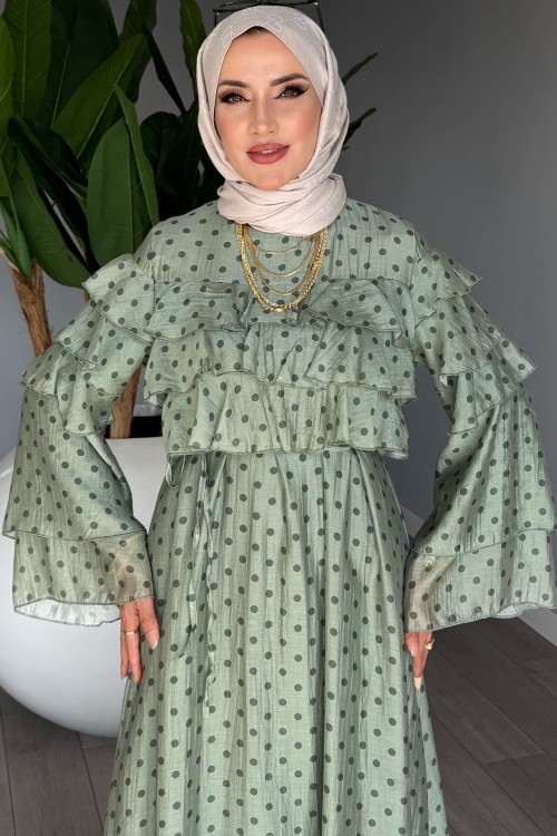 Haki Puantiyeli Tensel Tül Kumaş Premium Seri Tesettür Giyim Haki