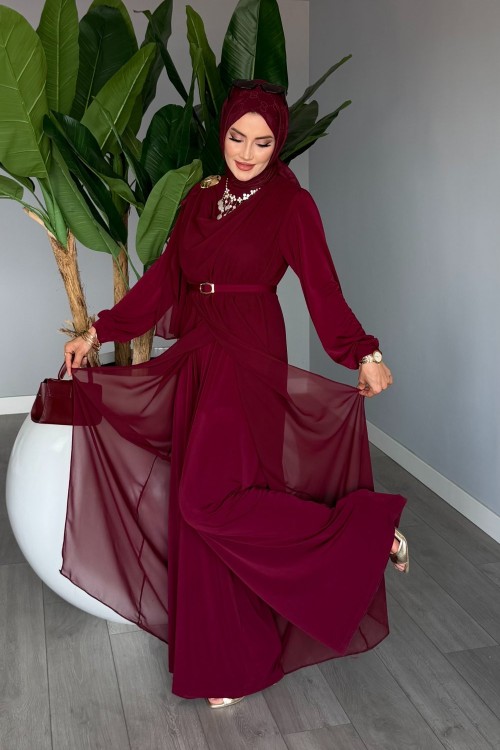 Vişne Kemerli Tulum Premium Seri Tasarım Tesettür Giyim Vişne