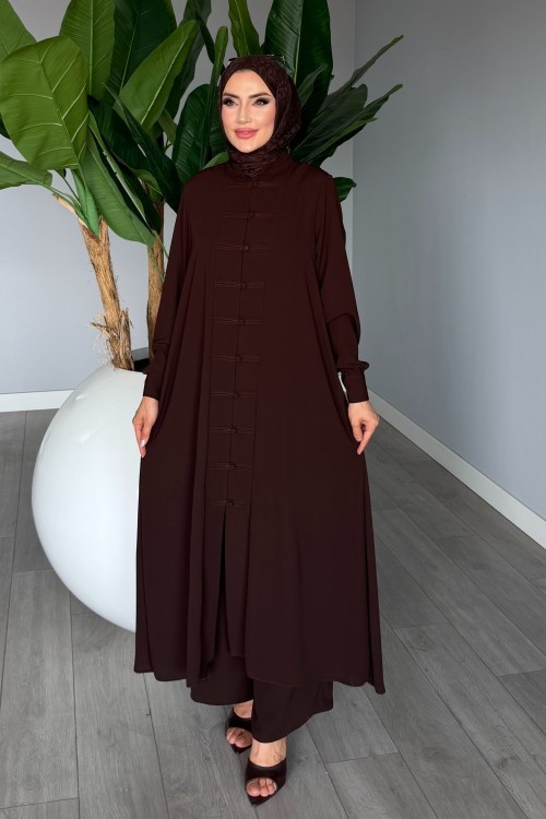 Kahverengi Kayra Takım Medine İpeği Kumaş Tesettür Giyim Premium Seri Kahverengi