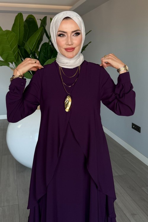 Mürdüm Özlem Elbise Gold Broşlu Tam Boy Özel Tasarım Tesettür Giyim Mürdüm
