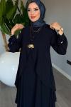 Lacivert Özlem Elbise Gold Broşlu Tam Boy Özel Tasarım Tesettür Giyim Lacivert