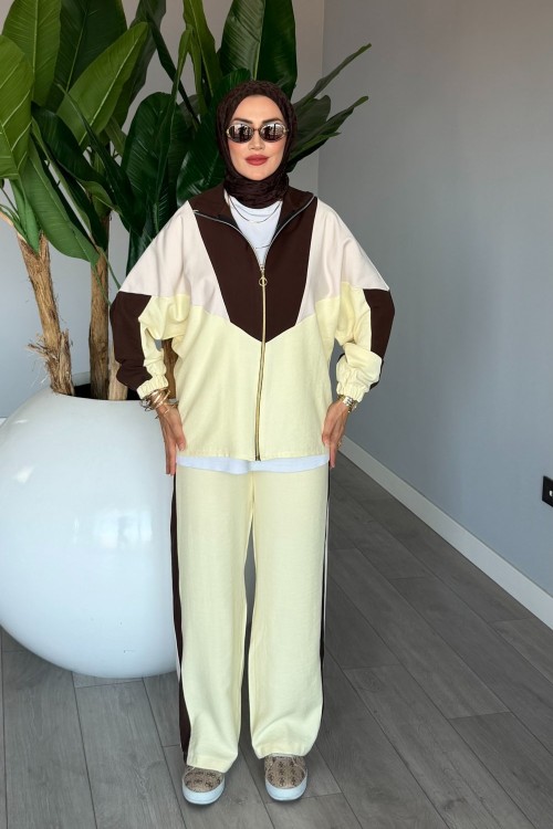 Sarı Başak Takım Genç Kadın Fermuarlı Spor Premium Seri Modal Kumaş Tesettür Giyim Sarı