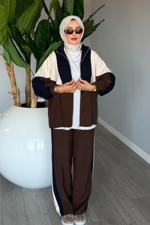 Kahve Başak Takım Genç Kadın Fermuarlı Spor Premium Seri Modal Kumaş Tesettür Giyim Kahverengi