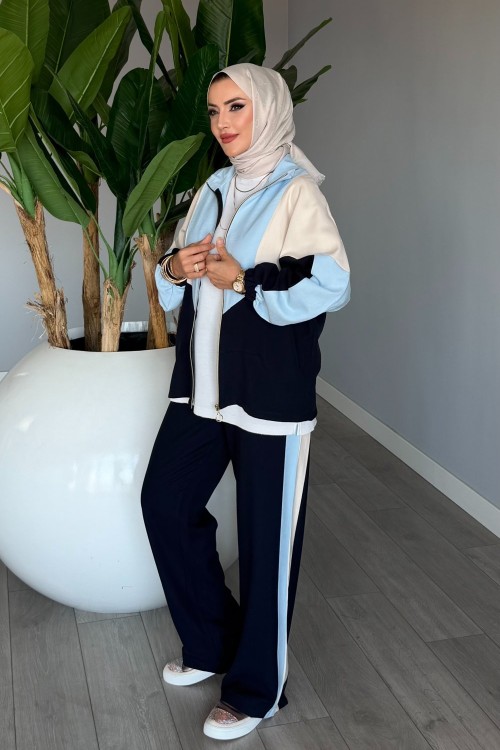 Lacivert Başak Takım Genç Kadın Fermuarlı Spor Premium Seri Modal Kumaş Tesettür Giyim Lacivert