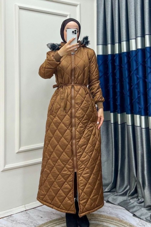 kahve Premium Uzun Mont Tesettür Giyim Kahverengi